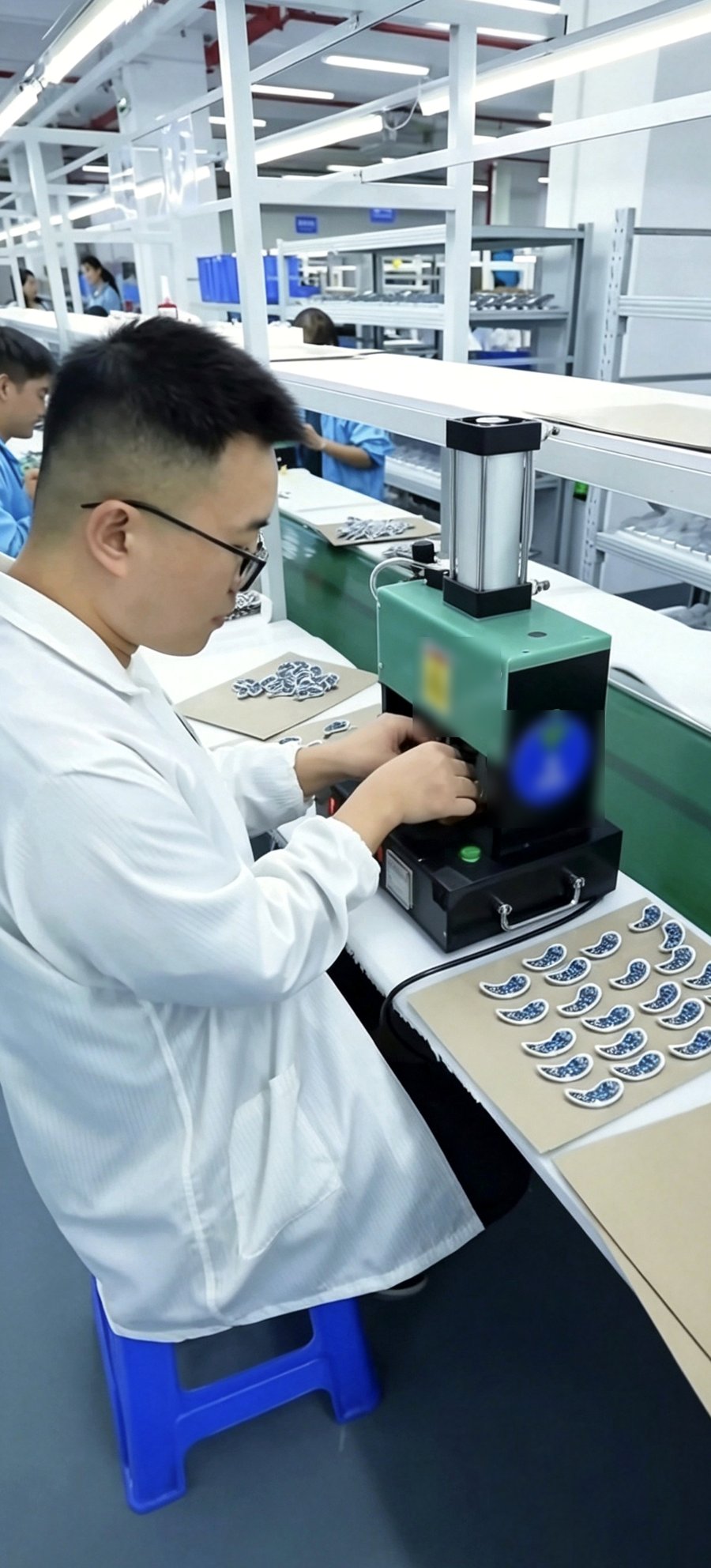 Worker preparing components at the pressing workstation