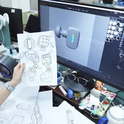 Product design sketch and 3D model on a workstation screen